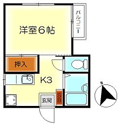 北岡ハイツ 1Kの間取図画像