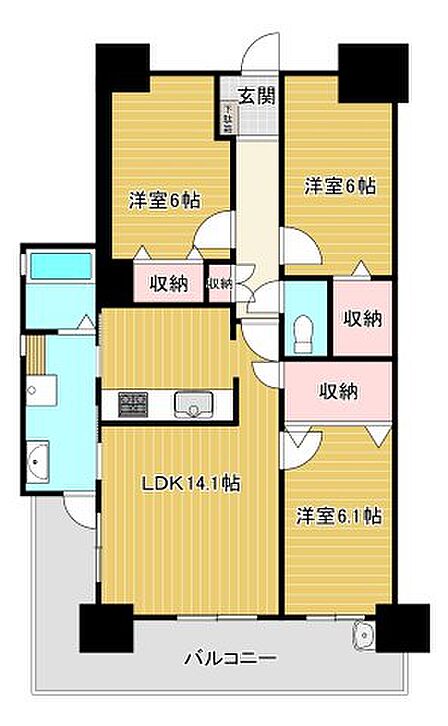 収納率の高さが魅力の間取り。各部屋のクローゼットに加え、廊下やリビングにも物入を設置。モノが溢れずすっきりと暮らせます。将来の家族構成の変化にも柔軟に対応できる、可変性と普遍性を兼ね備えたプランです。