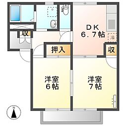 高知市神田 2DK 最上階(初期費用減額CP) 2階2DKの間取り