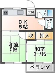 神野コーポ 2階2Kの間取り