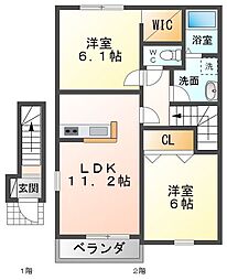 カルムB 2階2LDKの間取り