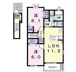 アンジュ・リール 2階2LDKの間取り