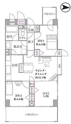 東西2面バルコ...