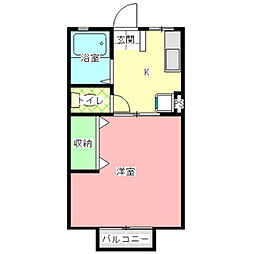 グリーンヒルハイツＢ棟 2階1Kの間取り