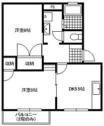 フレグランス三ツ沢C 2DKの間取図画像