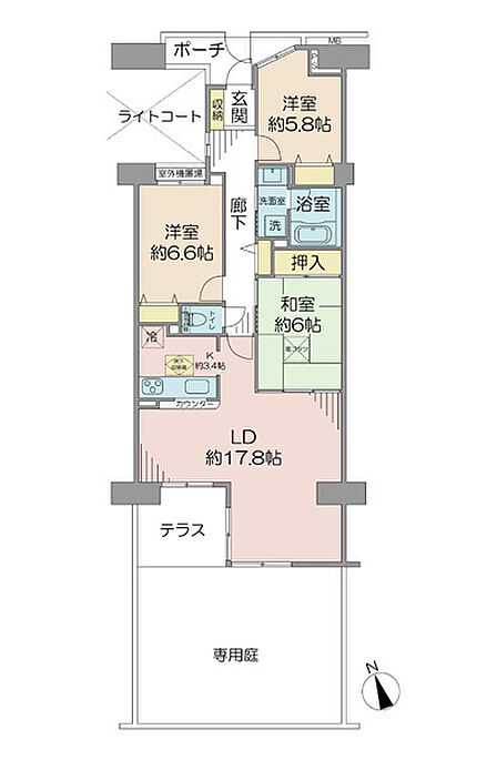 専有面積85.59m2 3LDKのゆとりある間取り 階下を気にせずに生活できる専用庭付き住戸