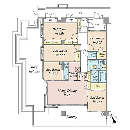 5LDK+WIC+2トランクルーム 31.3m2のルーフバルコニー付き 専有面積100m2超・角住戸