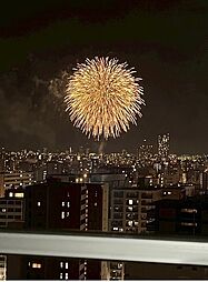 バルコニーからの眺望です。東向き住戸につき、毎年7月に行われる隅田川花火大会や夜景が楽しめます。【住戸からの眺望写真】