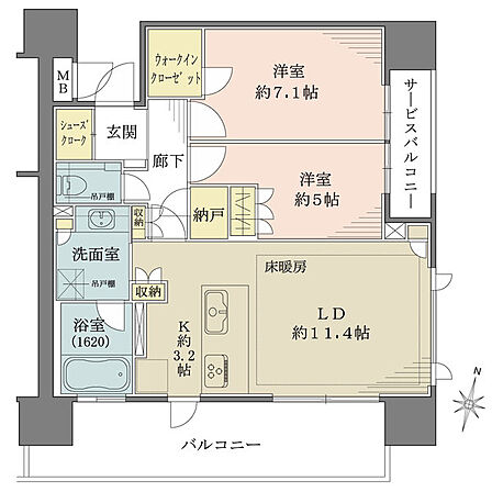 南東角住戸。LDは2面採光設計で陽当り・通風良好。納戸やウォークインクローゼットなど収納豊富です。