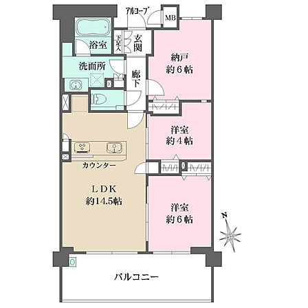 ご家族が集うLDKは約14.5帖。南向きバルコニーに面しており、窓から暖かな陽光が降り注ぎます。