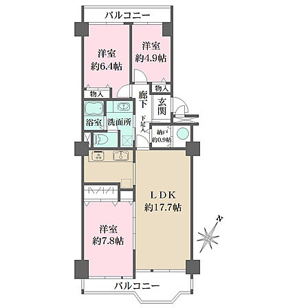 南東・北西の2面バルコニー付き住戸/キッチンは生活感が出にくい独立型/各洋室と廊下に収納付き