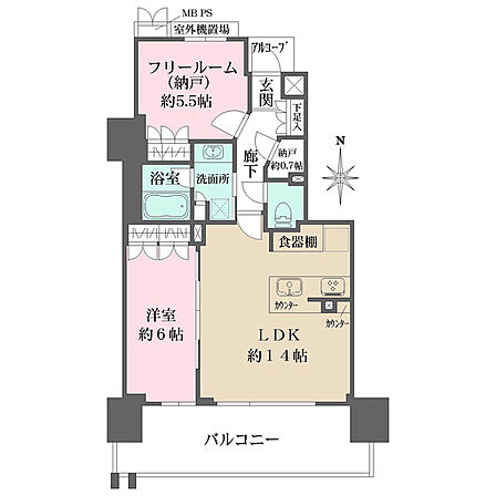 LDKは南向きバルコニーに面し明るく開放的。家具配置のしやすい形状です。納戸やリネン庫など収納充実。