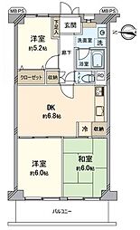千里山スカイハイツ 3DKの間取図画像