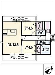 リバーストーン富木島 2階2LDKの間取り