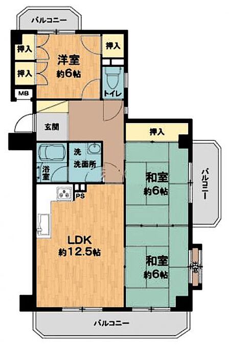 3LDK+3面バルコニー。