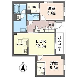 レジデンス四季美台B棟 2LDKの間取図画像
