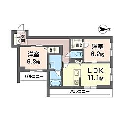 カーサ多摩川 2LDKの間取図画像