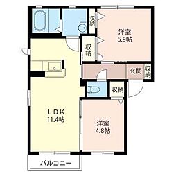 ハイツタートルヒルD 2LDKの間取図画像