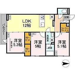 セレスティア西新井II 205 2階3LDKの間取り