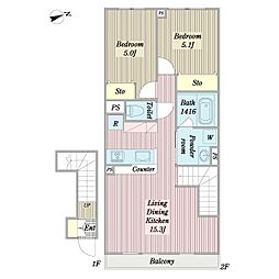 リヴェラ南葛西 2階2LDKの間取り