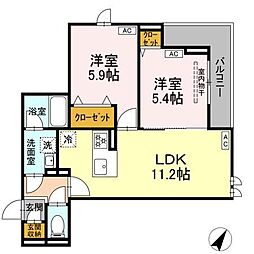 セレスティア細田C 201 2階2LDKの間取り