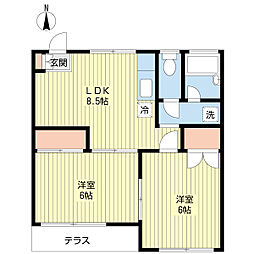 イーストヒルズ1 2階2DKの間取り