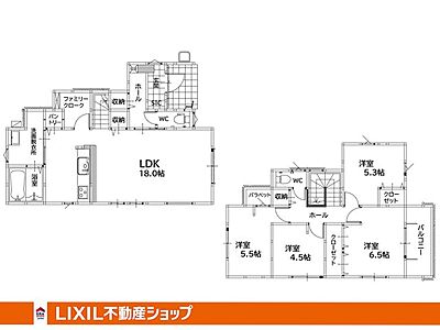 間取り：18帖のLDKと収納豊富なファミリークロークやパントリー、階段下収納を完備♪