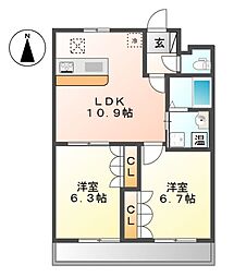 グランド・ソレイユ 1階2LDKの間取り