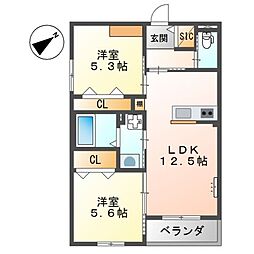 エーグレイス中広 2LDKの間取図画像