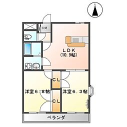 メルベールメゾン2 2LDKの間取図画像