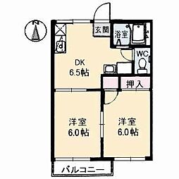 チューリップハイツB 2DKの間取図画像