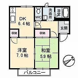 フレグランスまほろば　Ａ棟 1階2DKの間取り