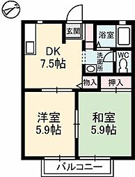 エヴァーウェル　Ａ棟 1階2DKの間取り