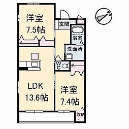 グランマスト多治米　Ｂ棟 B0105 1階2LDKの間取り