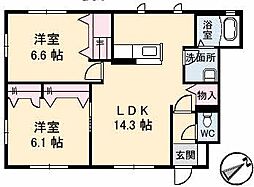 ジュネス牛田新町 1階2LDKの間取り