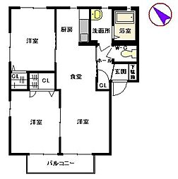 エクセルハイム長者原 2階2LDKの間取り