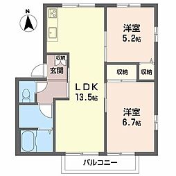 ローザパレスD棟 2LDKの間取図画像