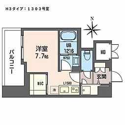 プラシーデンス本町 13階ワンルームの間取り