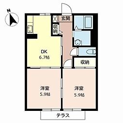 ボン・セジュール歌敷B棟 2DKの間取図画像