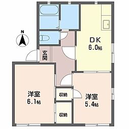 ディアスワーブラーB棟 2DKの間取図画像