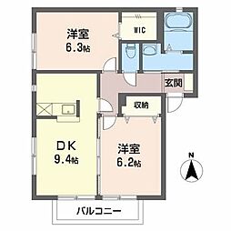 グランディア・ヴィエント 2階2DKの間取り