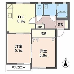 キャトルセゾンE棟 2DKの間取図画像