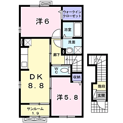 ポライトリ−　ＫI 2階2DKの間取り