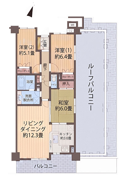 76.19m2の3LDK。61.20m2の大型ルーフバルコニー付き5階角住戸です