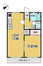 ハーモニー大田原西 2階1LDKの間取り