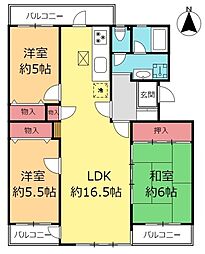 [間取] 南向きで全居室5帖以上の3LDKです。専有面積75.6平米