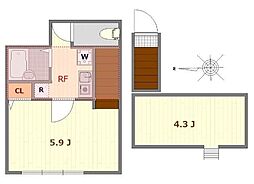 ミュレ東伏見 2階1Kの間取り
