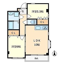 クレスコート国立 2LDKの間取図画像