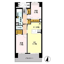 京王相模原線 若葉台駅 徒歩1分の賃貸マンション 11階2LDKの間取り