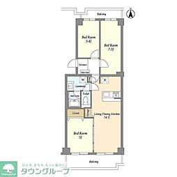 東武伊勢崎線 竹ノ塚駅 徒歩3分の賃貸マンション 5階3LDKの間取り